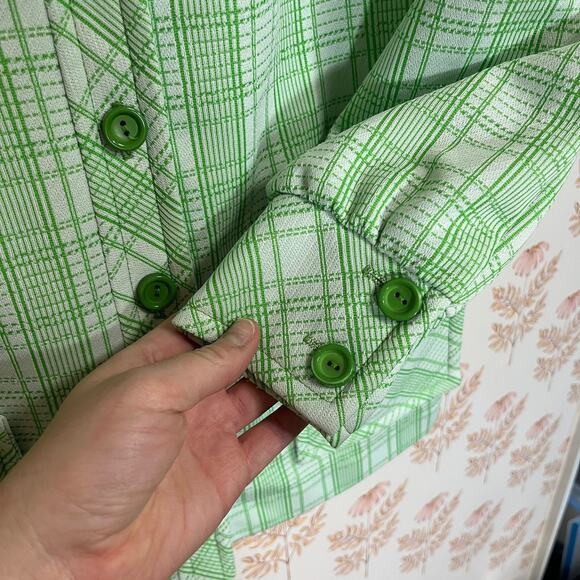 Vintage 70’s Double Knit Green and White Plaid Chore Shirt Jacket Polyester, EUC - Picture 8 of 9